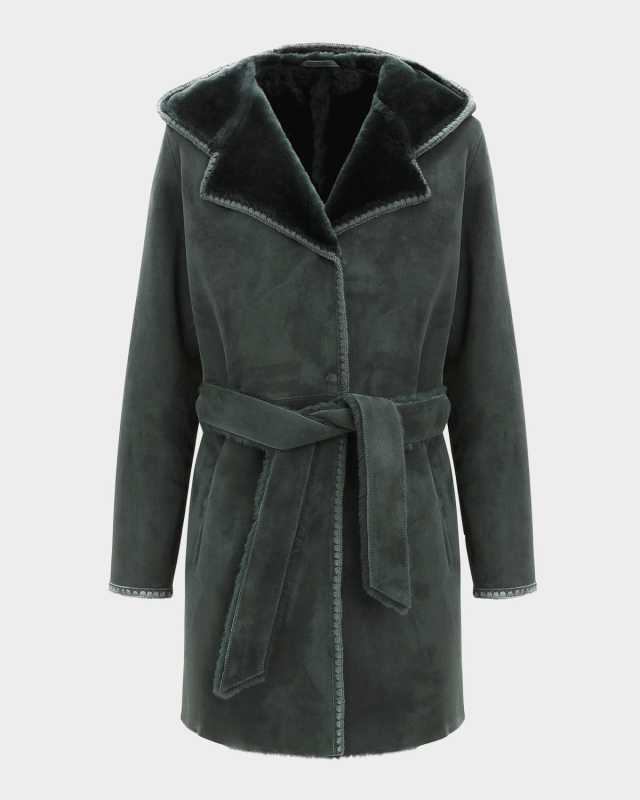 Merino Shearling Lamb Belted Parka With Embroidered Tr